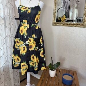 Sunflower Button Front Midi Dress Womens Sz M Stretchy Boho Cottagecore Dress